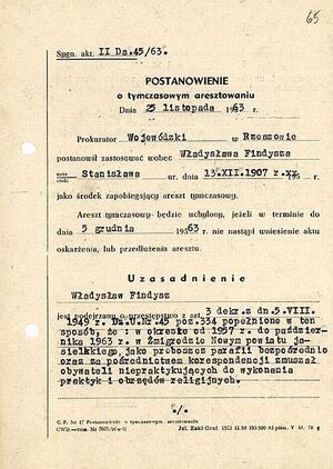 Postanowienie o tymczasowym aresztowaniu ks. Władysława Findysza
IPN-Rz-34/39, k. 65