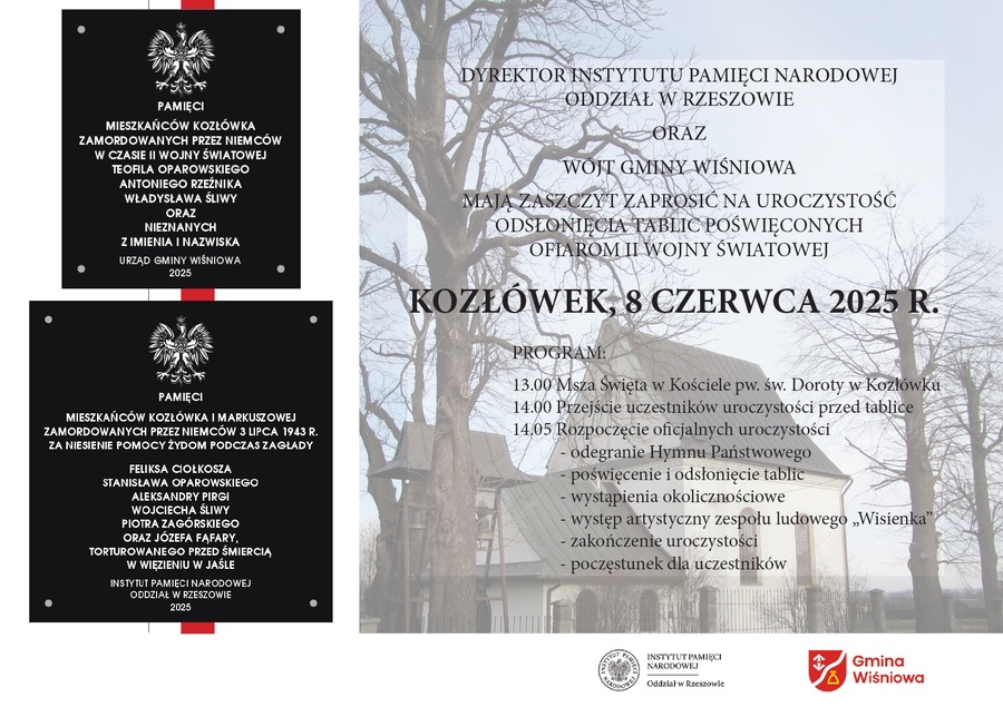 Zaproszenie na odsłonięcie tablicy upamiętniającej ofiary pacyfikacji wsi Kozłówek i Markuszowa