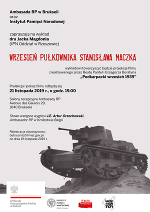 Plakat spotkania z cyklu „Przystanek Historia” - Wrzesień Pułkownika Stanisława Maczka