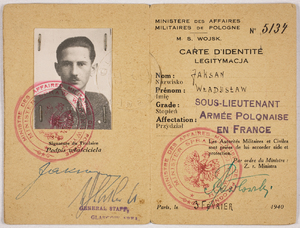 Legitymacja nr 5134 wystawiona 3 lutego 1940 r. w Paryżu przez Ministerstwo Spraw Wojskowych dla ppor. Władysława Jakasana, służącego w Armii Polskiej we Francji.
