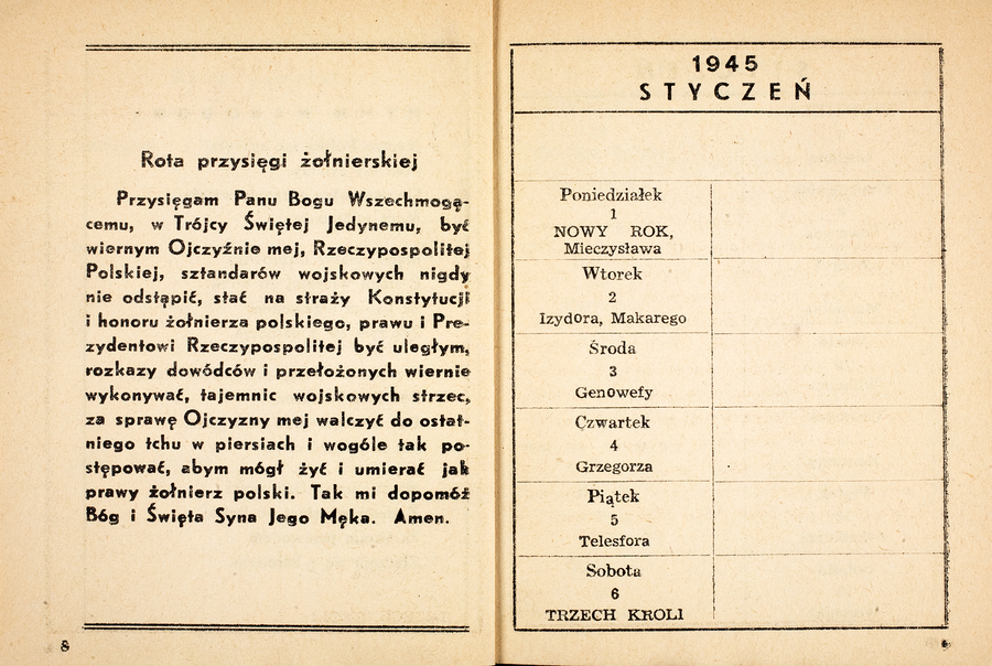 Rota przysięgi żołnierskiej w kalendarzu na rok 1945 wydanym przez PCK dla żołnierzy 2 Korpusu Polskiego.