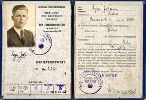 Zdjęcie 015. Legitymacja Jana Nycza, pracownika Urzędu Skarbowego w Nisku wydana 16 czerwca 1941 r.