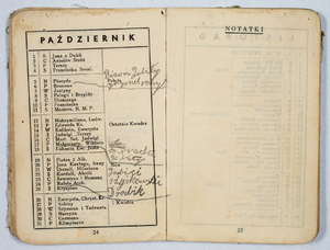 Zdjęcie 011. Zapiski M. Wąsika w kalendarzyku BSK na rok 1941.W październiku 1941 r. zaznaczył daty śmierci kolegów poległych w obronie twierdzy Tobruk: 5 października zginął st. ułan Stanisław Bizoń, a 23 października ułan Czesław Drabik.