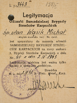 Zdjęcie 015. Legitymacja Odznaki Samodzielnej Brygady Strzelców Karpackich, przyznanej pośmiertnie st. ułanowi Michałowi Wąsikowi 2 kwietnia 1943 r.