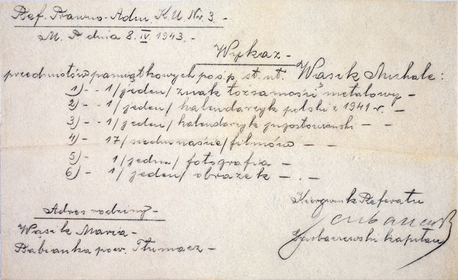 Zdjęcie 017. Wykaz przedmiotów pamiątkowych po śp. st. uł. Michale Wąsiku, sporządzony 8 kwietnia 1943 r.