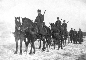 Zdjęcie 023. Żołnierze ze SPRA we Włodzimierzu Wołyńskim podczas szkolenia artyleryjskiego. Na pierwszym planie zaprzęg sześciokonny, bezorczycowy w uprzęży szorowej, ciągnący armatę polową 75 mm wz. 1897.