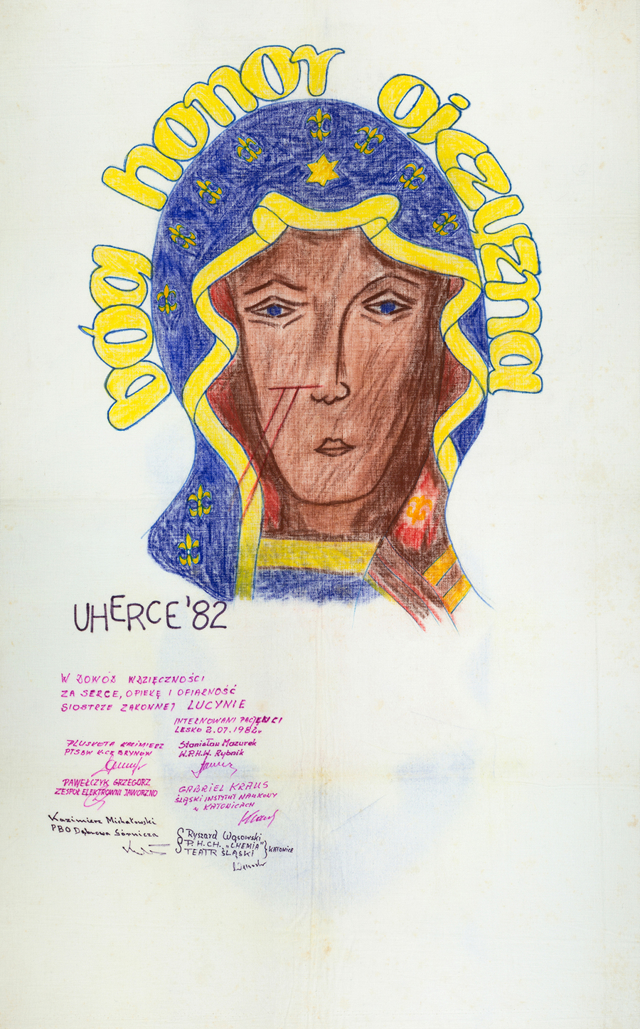 Zdjęcie 002. Materiał bawełniany z narysowanym wizerunkiem Matki Bożej Częstochowskiej oraz podpisami więźniów politycznych internowanych w zakładzie karnym w Uhercach, sporządzony przez internowanych podczas ich pobytu w szpitalu w Lesku.