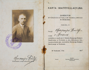 Zdjęcie 016. Książka legitymacyjna Rudolfa Chorzempy, studenta Wyższego Studium Handlowego w Krakowie z lat 1930–1932, strony 1–2.
