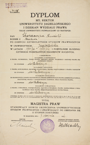 Zdjęcie 018. Dyplom ukończenia studiów prawniczych w Uniwersytecie Jagiellońskim przez Rudolfa Chorzempę, wystawiony 7 sierpnia 1936 r.