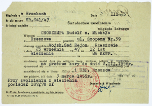 Zdjęcie 035. Świadectwo zwolnienia więźnia karnego Rudolfa Chorzempy z więzienia we Wronkach, 2 marca 1955 r.