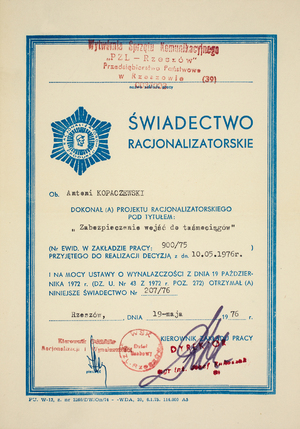 Zdjęcie 013. Świadectwo racjonalizatorskie Antoniego Kopaczewskiego przyjęte do realizacji 10 maja 1976 r.