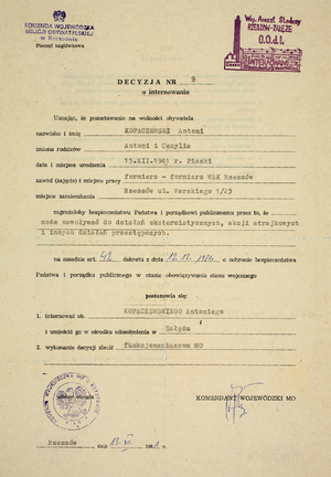 Zdjęcie 027. Decyzja o internowaniu Antoniego Kopaczewskiego 13 grudnia 1981 r., 1 strona.