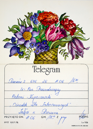 Zdjęcie 029. Telegram imieninowy wysłany do A. Kopaczewskiego, internowanego w więzieniu w Załężu, wysłany 11 czerwca 1982 r.