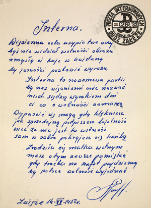 Zdjęcie 033. Kartka z nadrukiem wykonanym w więzieniu w Załężu i wierszem pt. „Interna” autorstwa Antoniego Kopaczewskiego, 14 czerwca 1982 r.