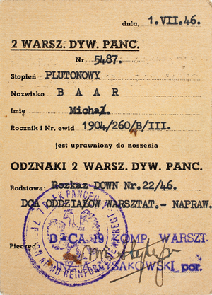 Zdjęcie 043. Legitymacja uprawniająca do noszenia Odznaki 2 Warszawskiej Dywizji Pancernej, wystawiona 1 lipca 1946 r. przez dowódcę 19 Komp. Warszt. por. A. Łysakowskiego.