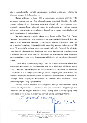 List prezesa IPN dr. Jarosława Szarka skierowany do organizatorów i uczestników obchodów 39. rocznicy podpisania porozumień rzeszowsko - ustrzyckich w Ustrzykach Dolnych.
