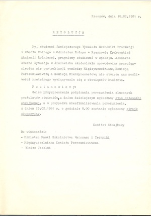 Projekt rezolucji dotyczącej akcji strajkowej w Wydziale Zamiejscowym AR. Ze zbiorów Pawła Kufla