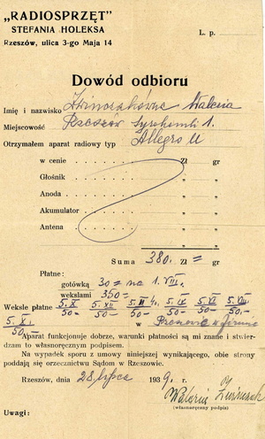 Dowód odbioru aparatu radiowego z dn. 28.07.1939 r. wystawiony na nazwisko: Waleria Zwinczakówna, przez sklep „Radiosprzęt”, mieszczący się w Rzeszowie przy ulicy 3-go Maja