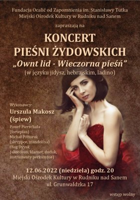 Plakat koncertu pieśni żydowskiej „Ownt lid - Wieczorna pieśń” w wykonaniu Urszuli Makosz z Zespołem