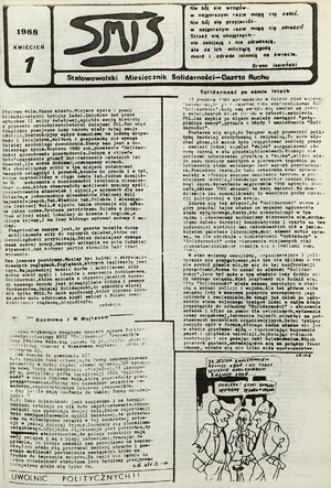 SMiS, nr 1, 1988 Pierwsza strona Stalowolskiego Miesięcznika Solidarności – Gazeta Ruchu „SMIS” z kwietnia 1988 r.