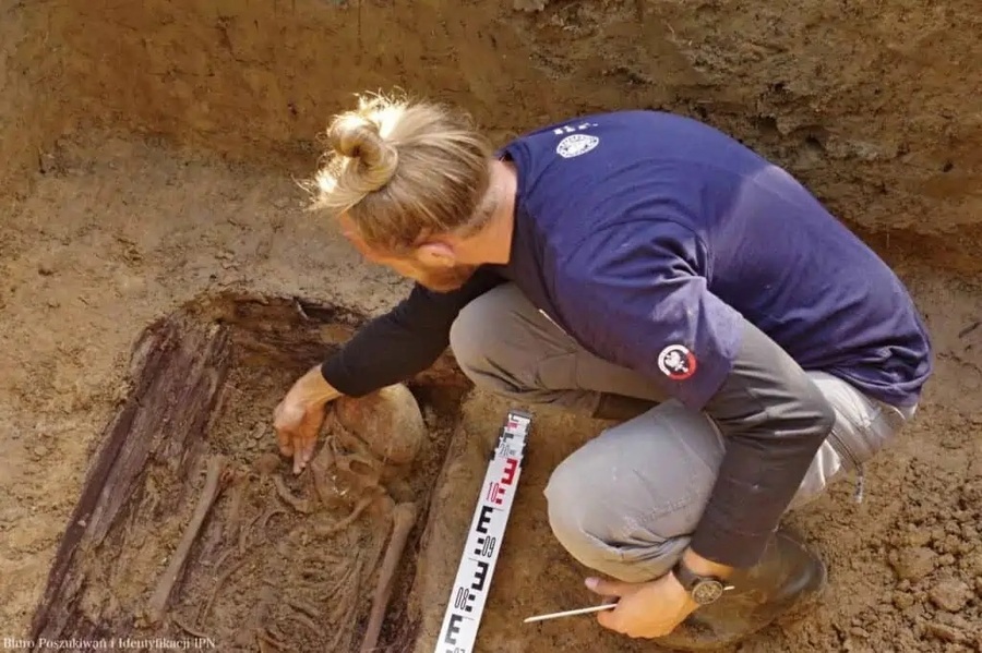 Poszukiwania na cmentarzu Pobitno. Odnalezienie szczątków Kazimierza Człowiekowskiego. Fot. IPN