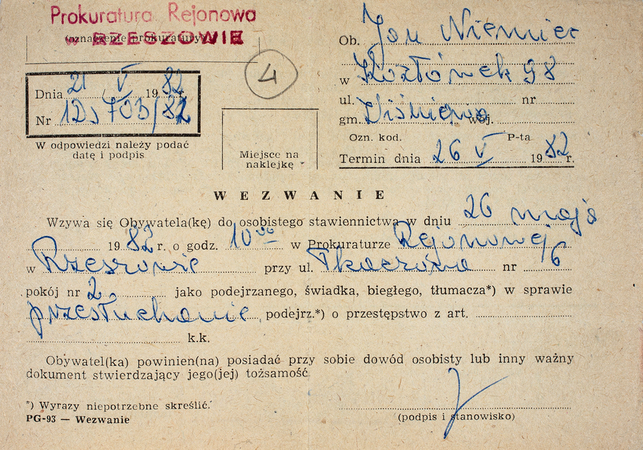 Wezwanie Jana Niemca na przesłuchanie do Prokuratury Rejonowej w Rzeszowie na dzień 26 maja 1982 r.