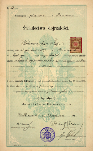 Plik 002. Świadectwo dojrzałości J. S. Kotowicza wydane 25 czerwca 1910 r. przez dyrekcję c.k. I Gimnazjum w Rzeszowie