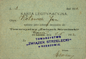 Plik 003. Karta legitymacyjna Jana Kotowicza, członka zwyczajnego Towarzystwa „Związek Strzelecki” w Rzeszowie z 17 września 1912 r.