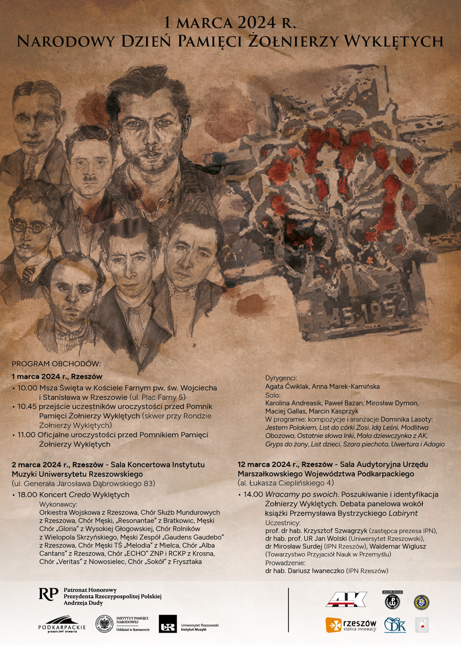 Plakat z programem obchodów Narodowego Dnia Pamięci Żołnierzy Wyklętych w Rzeszowie 1-12 marca 2024 r.