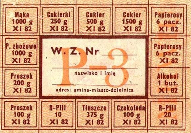 Kartka wieloasortymentowa – oprócz mięsa – z XI 1982 Źródło: Wikimedia Commons.